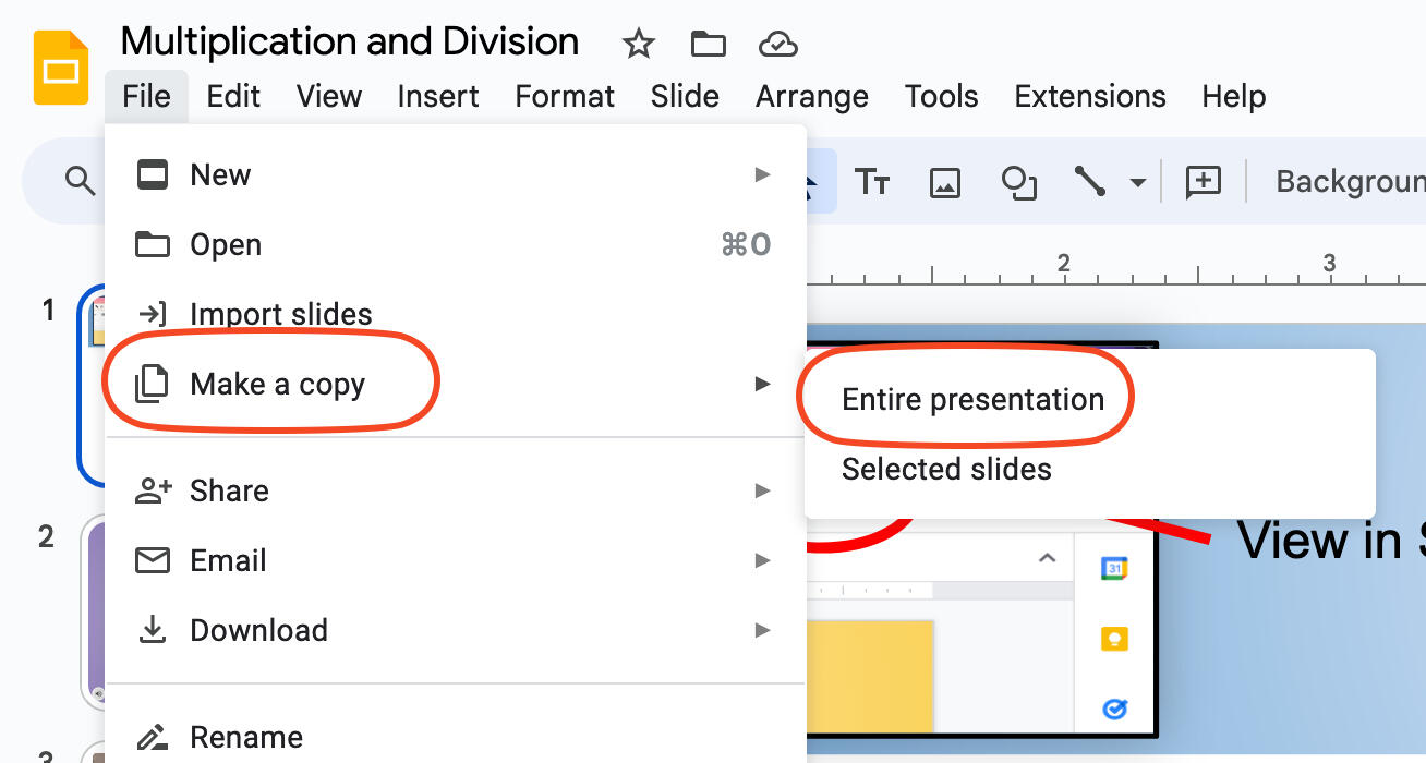 A screenshot showing how to make a copy of a UsableMath math module using Google slides.