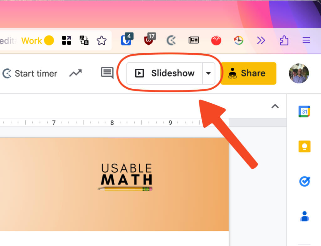 A screenshot showing "Slideshow" button on a UsableMath math module